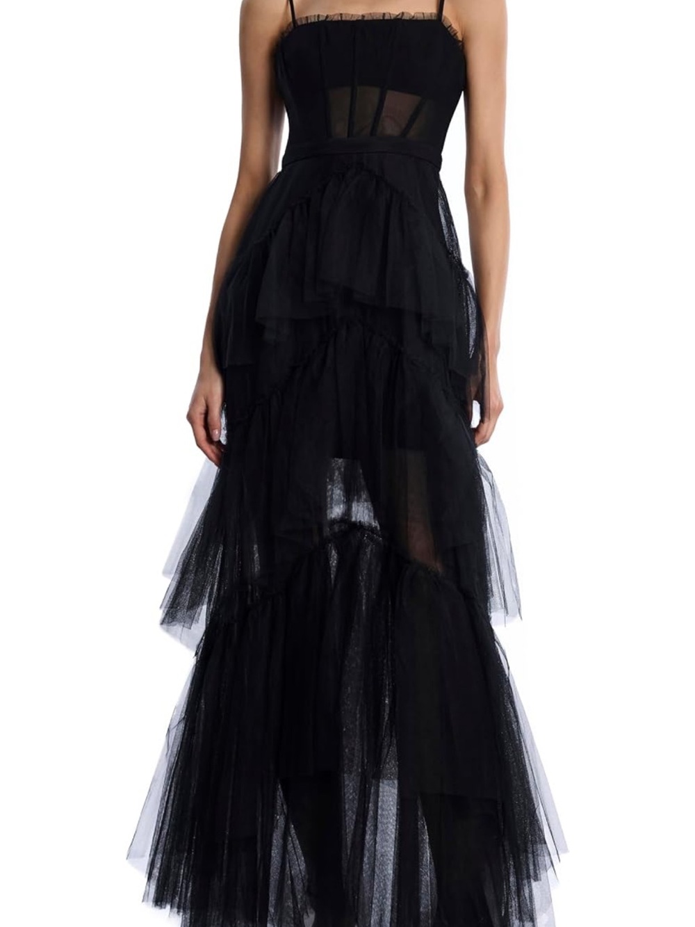 NWOT Black Tiered Tulle Maxi Dress with Spaghetti Straps